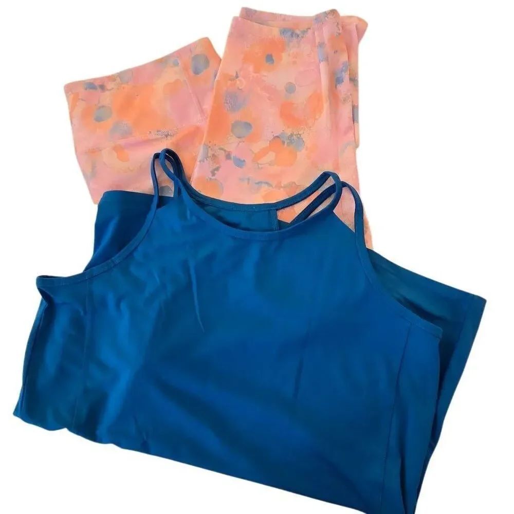 Ideology & Bolle Womens Tennis Tank Top Dreamy Leggings Set Blue Peach Size XL